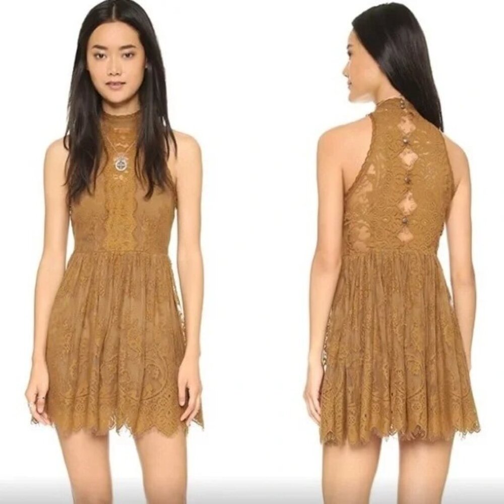 Free People Mini Dress in Mustard Brown Lace